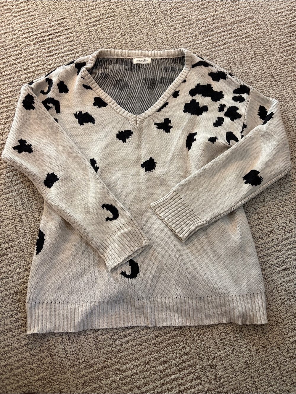 Amaryllis Cream V-Neck Leopard Spot Sweater with Black Accents